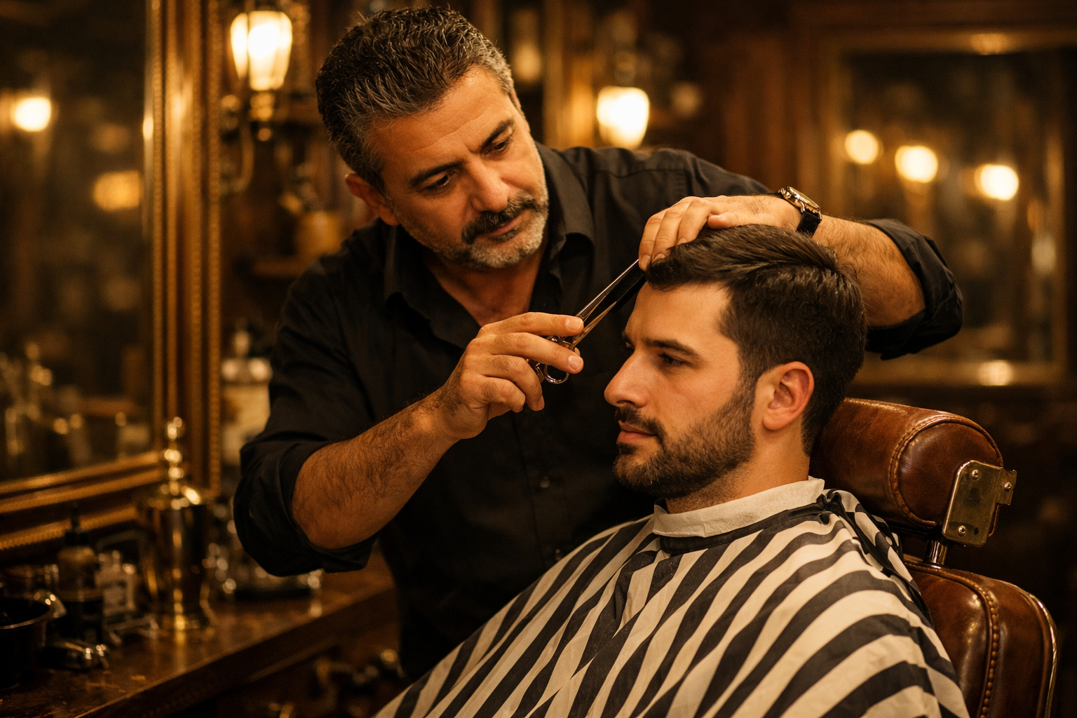 Geleneksel Turk berberi, usta berber calisiyor